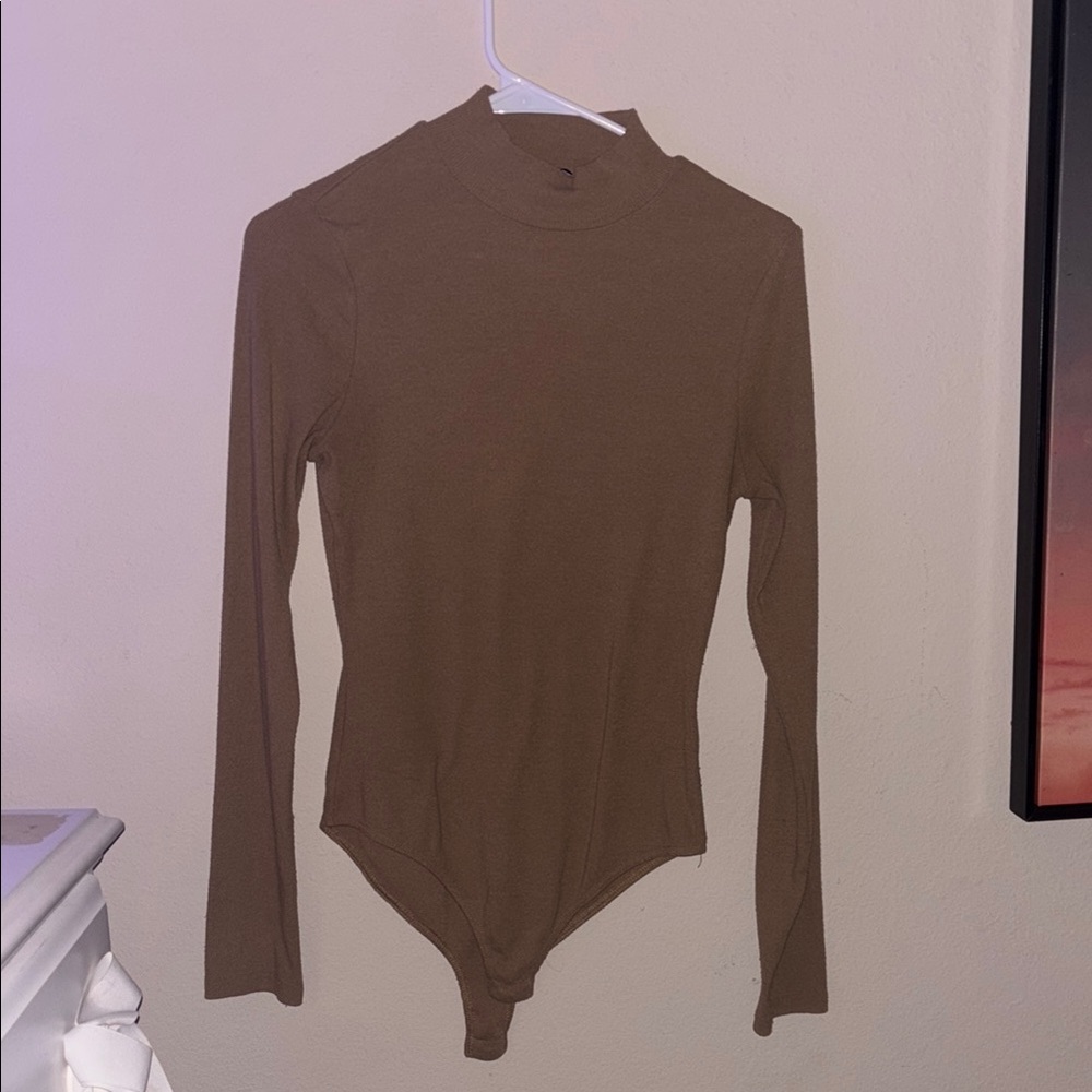H&M Brown Fitted Long Sleeve Bodysuit with Mandarin Collar